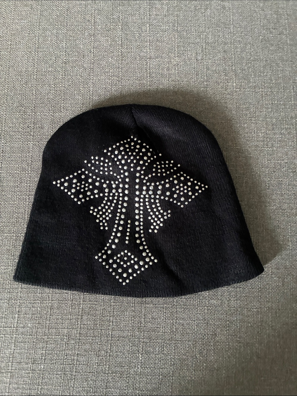 Black Knit Beanie with Silver Stud Cross Design